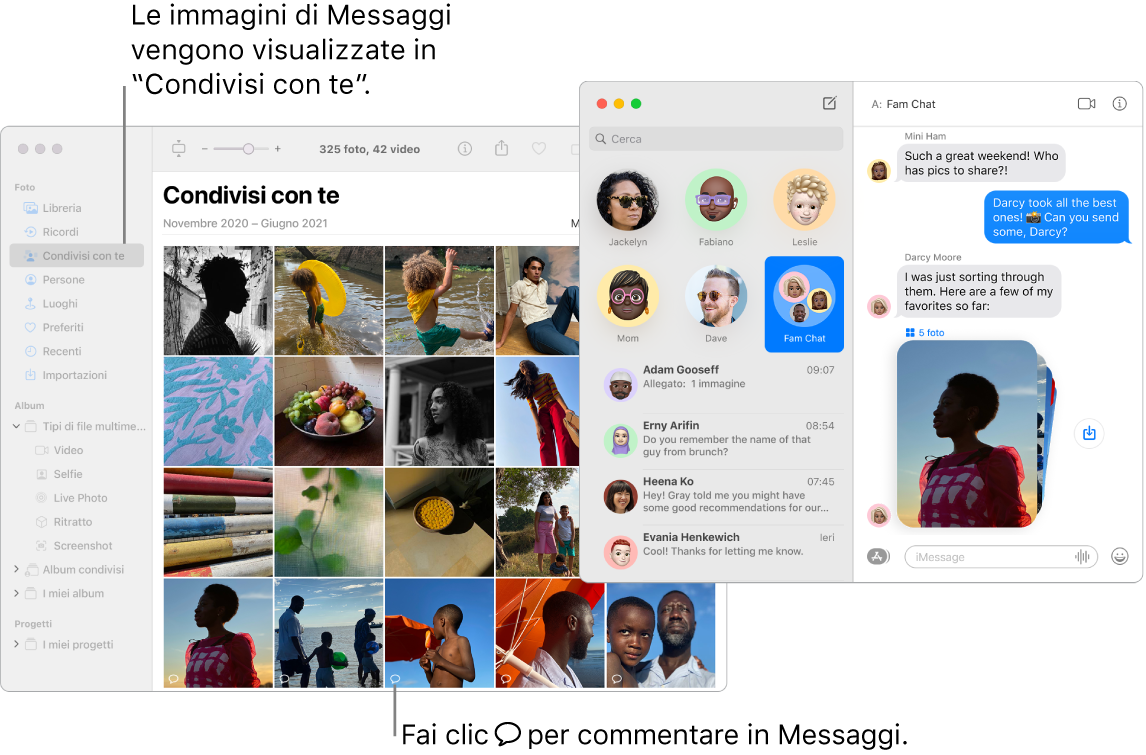 Una conversazione Messaggi a destra con una pila di foto e la sezione “Condivisi con te” di una finestra di Foto che mostra le foto condivise dall'app Messaggi.