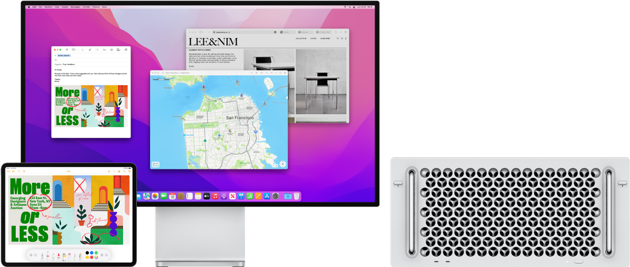 Un Mac Pro e un iPad vengono mostrati l'uno di fianco all'altro. Lo schermo di iPad mostra un documento con annotazioni. Sullo schermo utilizzato dal Mac Pro è visibile un messaggio di Mail con il documento annotato tramite iPad come allegato.