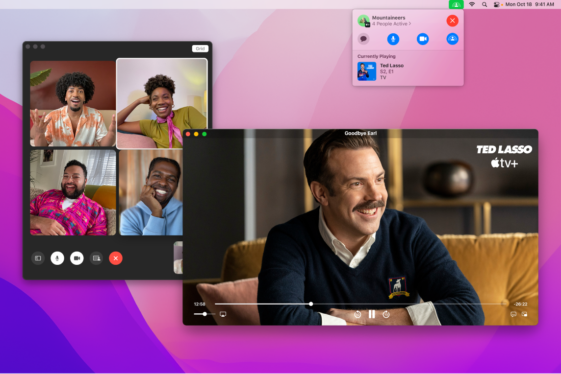 Apple TV қолданбасының терезесінде Ted Lasso эпизодын және FaceTime терезесінде қараушыларды көрсетіп тұрған ортақ қарау кеші.