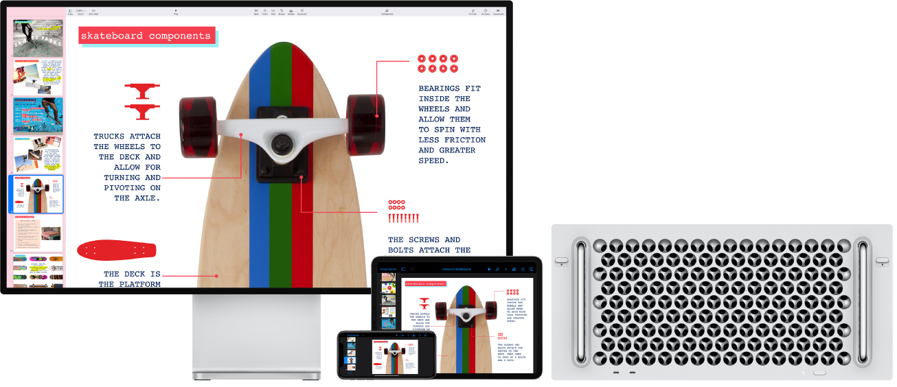 Mac Pro datorā, iPad ierīcē un iPhone tālrunī parādīts identisks saturs.