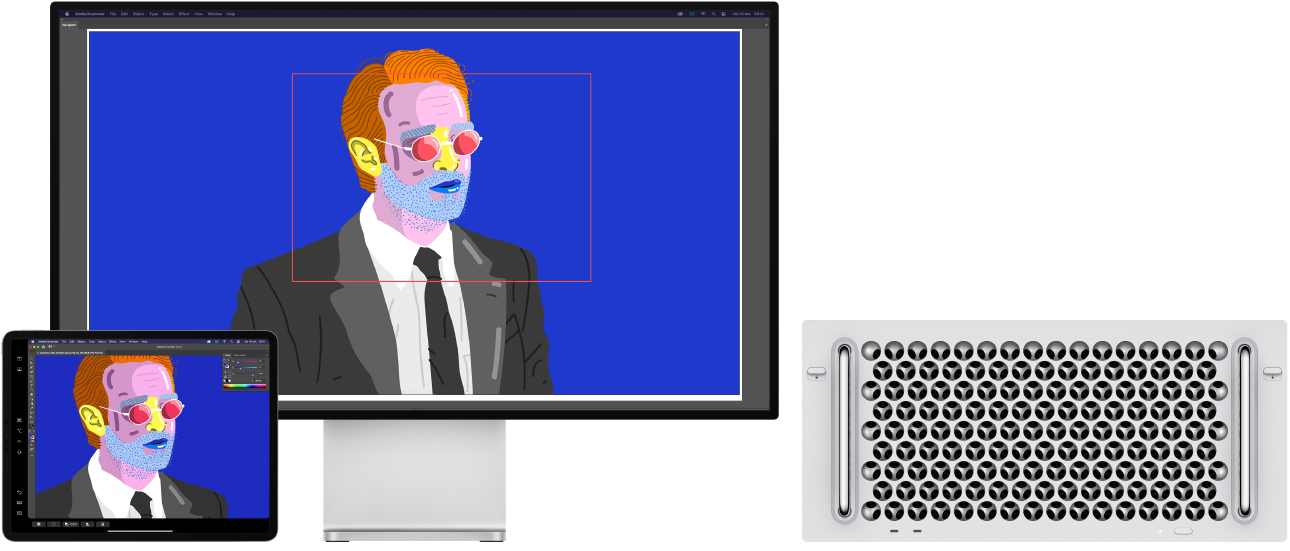 Een Mac Pro en een iPad naast elkaar. Op de Mac Pro wordt een illustratie weergegeven in het navigatiepaneel van Illustrator. Op de iPad is dezelfde illustratie te zien in het documentvenster van Illustrator, omgeven door knoppenbalken.