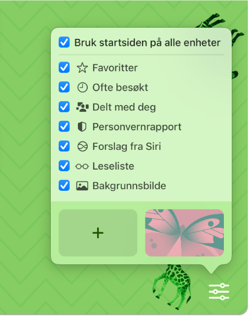 Lokalmenyen Tilpass Safari med avkrysningsruter for Favoritter, Ofte besøkt, Personvernrapport, Siri-forslag, Leseliste og Bakgrunnsbilde.