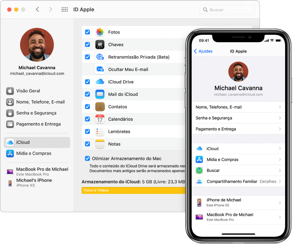 Ajustes do iCloud em um iPhone e a janela do iCloud no Mac.