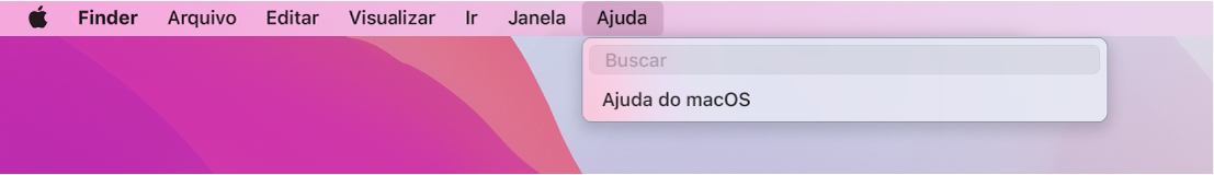 Uma mesa parcial com o menu Ajuda aberto, mostrando as opções de menu Buscar e Ajuda macOS.