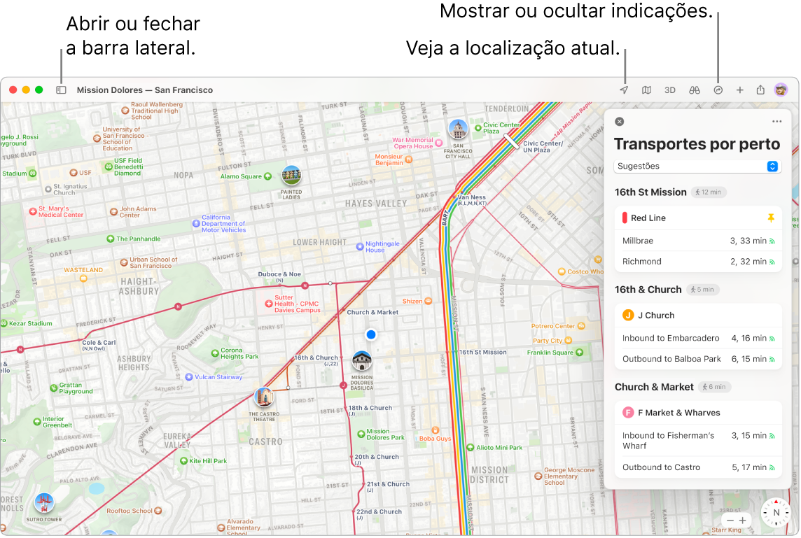 Uma janela da aplicação Mapas a mostrar como obter indicações clicando num destino na barra lateral, como abrir ou fechar a barra lateral e como encontrar a sua localização atual no mapa.