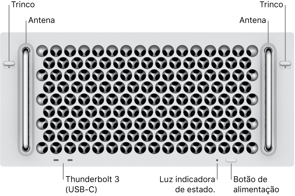 A parte frontal do Mac Pro a mostrar duas portas Thunderbolt 3 (USB-C), uma luz indicadora de estado, o botão de alimentação e a antena.