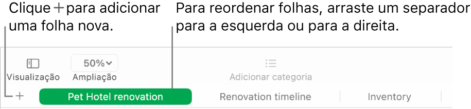 Uma janela do Numbers a mostrar como adicionar uma nova folha e como reordenar folhas.