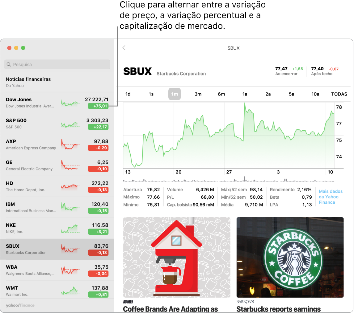 Um ecrã da aplicação Bolsa a mostrar informação e artigos sobre a ação selecionada.