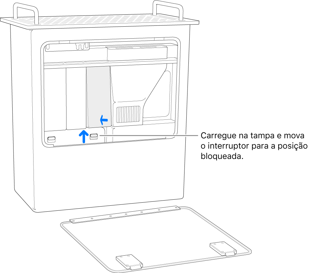 Mac Pro de pé a mostrar como mover o botão da DIMM para a posição bloqueada.