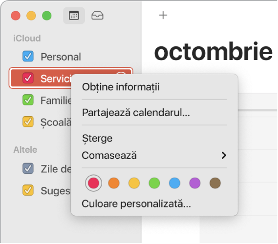 Meniu de scurtături Calendar cu opțiuni pentru personalizarea culorii unui calendar.