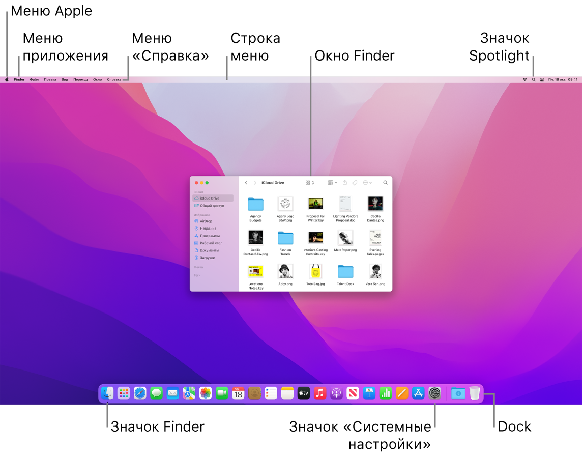 Экран компьютера Mac. Показаны меню Apple, меню приложения, меню «Справка», строка меню, окно Finder, значок Spotlight, значок Finder, значок Системных настроек и панель Dock.