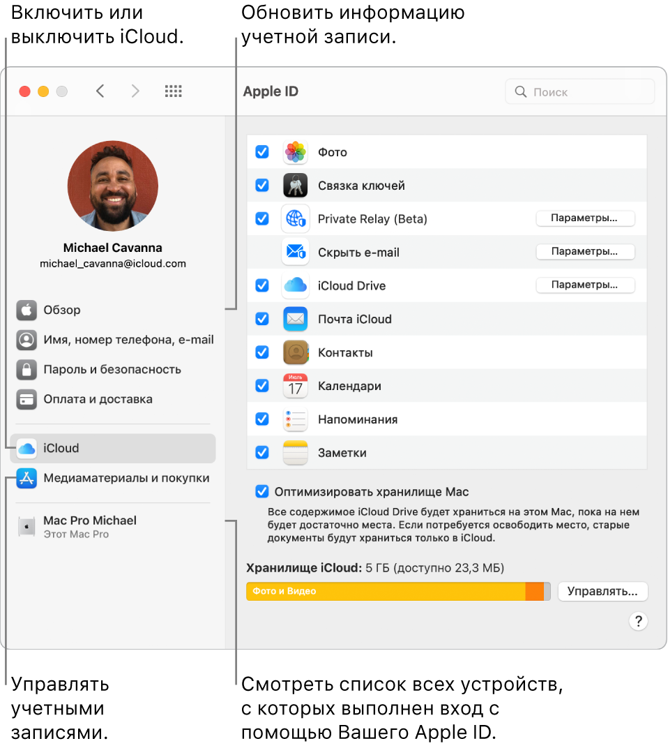 Панель Apple ID в Системных настройках. Нажмите объект в боковом меню, чтобы обновить сведения учетной записи, включить или выключить iCloud, проверить настройки учетных записей для мультимедиа, а также посмотреть, на каких устройствах выполнен вход с тем же Apple ID.