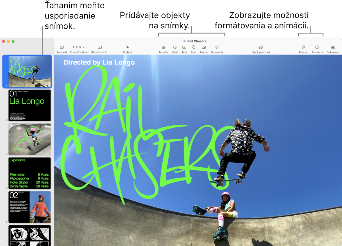 Okno Keynote zobrazujúce navigátor medzi snímkami naľavo a ako preusporiadať snímky, panel s nástrojmi a jeho nástroje úprav v hornej časti, tlačidlo Spolupracovať v pravej hornej časti a tlačidlá Formátovať, Animovať a Dokument napravo.