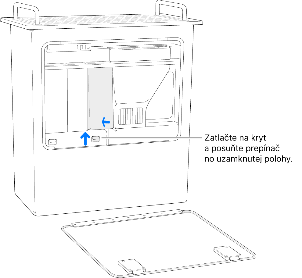 Mac Pro postavený na zadnej strane so zobrazením toho, ako posunúť prepínač DIMM do uzamknutej polohy.