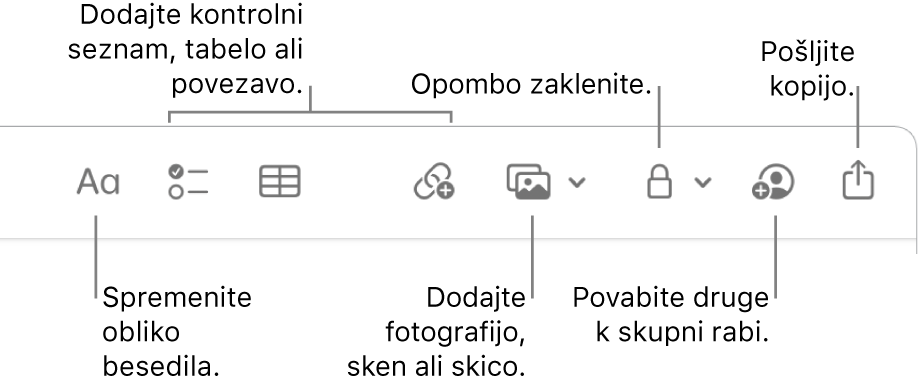 Orodna vrstica Notes prikazuje besedilo, kontrolni seznam, tabelo, povezavo, fotografije/medije, zaklenite, delite in pošljite orodja za kopiranje.