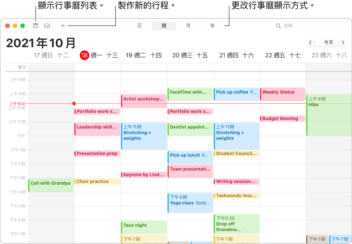 「行事曆」視窗，其中顯示如何製作行程、顯示行事曆列表，以及選擇「日」、「週」、「月」和「年」的顯示方式。