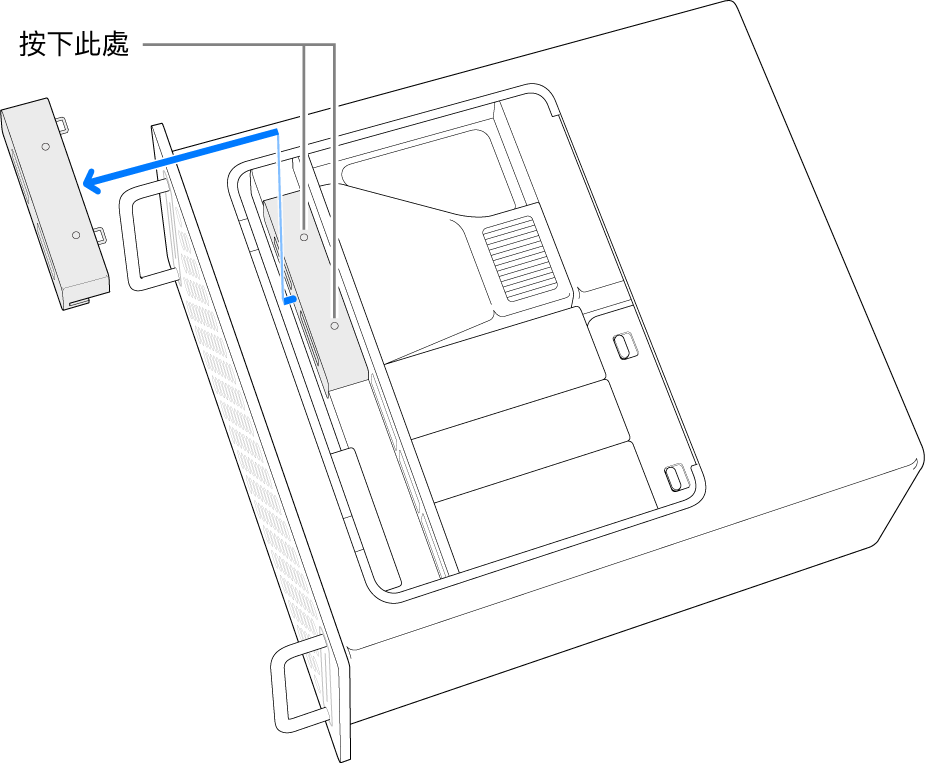 橫放的 Mac Pro，顯示按下以卸除 SSD 護蓋的位置。