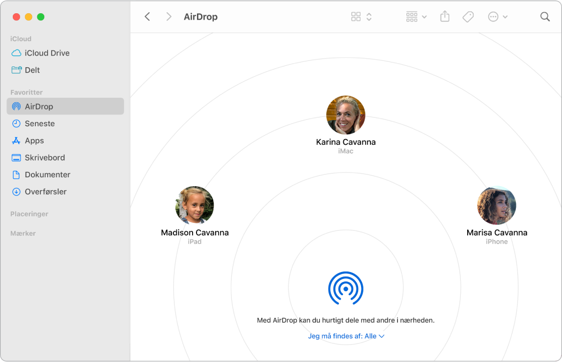 Et Findervindue, hvor AirDrop er valgt under Favoritter i indholdsoversigten.