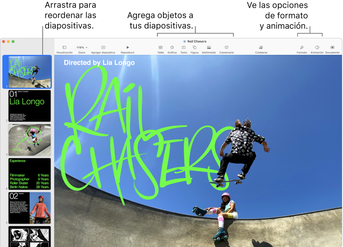 Una ventana de Keynote mostrando el navegador de positivas a la izquierda y cómo se reorganizan las diapositivas; la barra de herramientas y sus herramientas de edición está en la parte superior, el botón Colaborar se encuentra cerca de la esquina superior derecha, y los botones Formato, Animar y Documento se encuentran en el lado derecho.