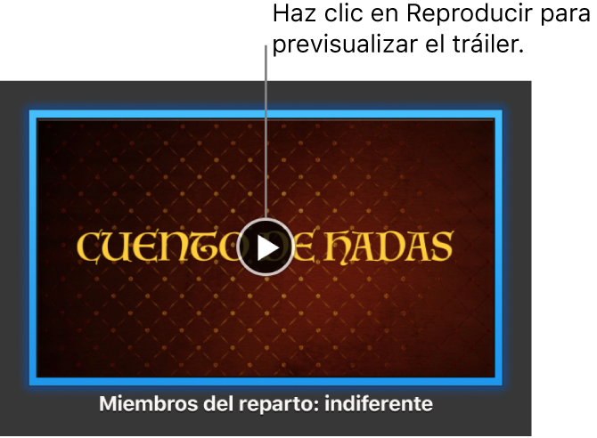 La pantalla de tráiler de iMovie donde se muestra el botón Reproducir.