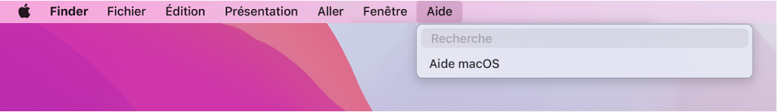 Un bureau partiel avec un menu Aide ouvert, affichant les options de menu pour Recherche et Aide macOS.