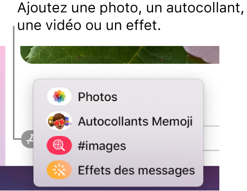 Menu Apps avec des options pour afficher des photos, des autocollants Memoji, des GIF et des effets des messages.