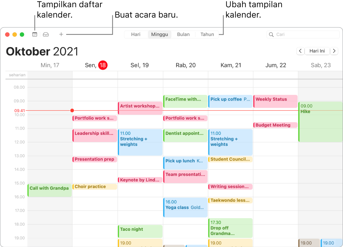 Jendela Kalender menampilkan cara membuat acara, menampilkan daftar kalender, dan memilih tampilan Hari, Minggu, Bulan, atau Tahun.