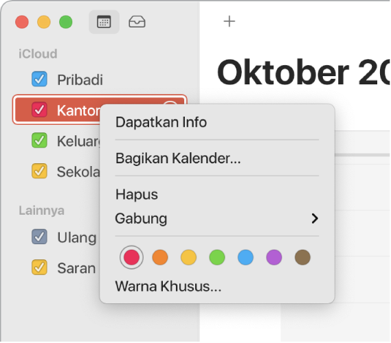 Menu pintasan Kalender dengan pilihan untuk menyesuaikan warna kalender.