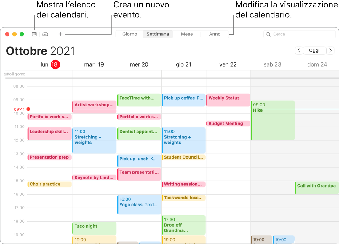 Una finestra di Calendario che mostra come creare un evento, visualizzare l'elenco dei calendari e scegliere la vista Giorno, Settimana, Mese o Anno.