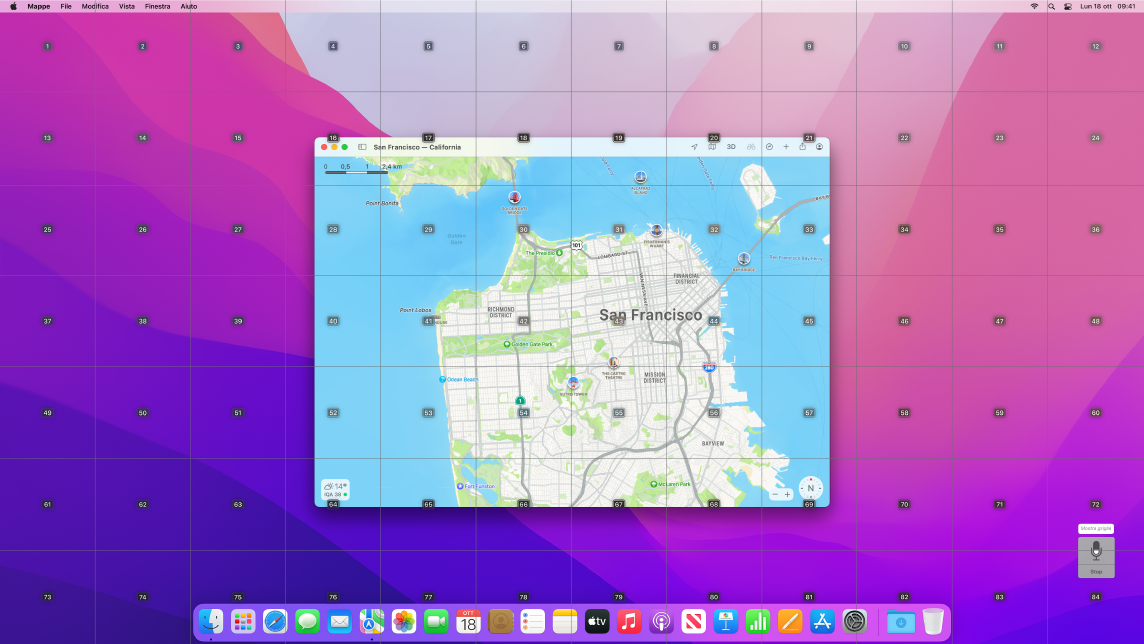L'app Mappe aperta sulla scrivania con la griglia in sovrapposizione.