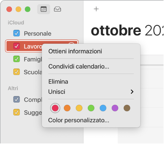 Menu di scelta rapida con le opzioni per personalizzare il colore di un calendario.