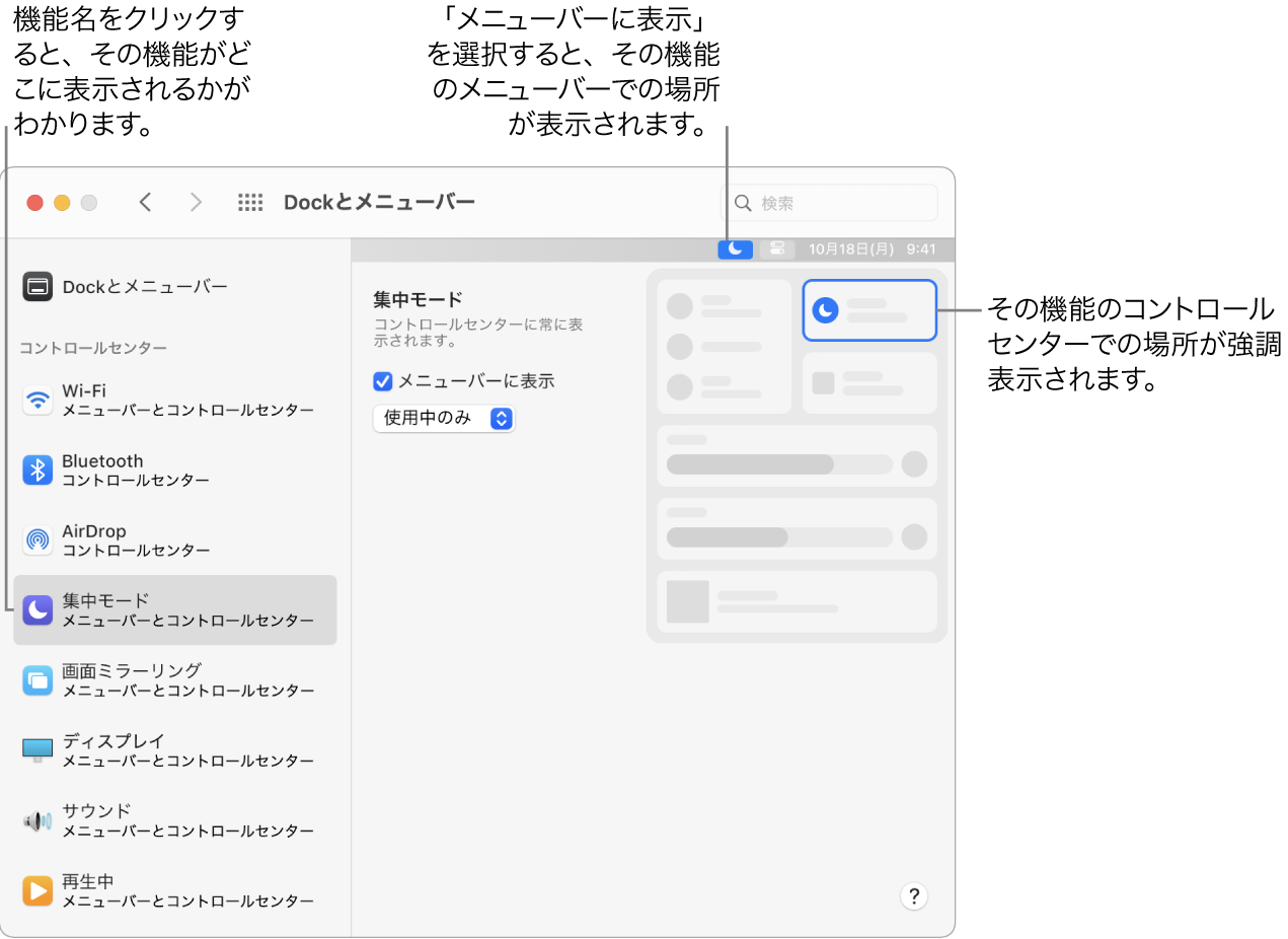 「Dockとメニューバー」環境設定ウインドウ。