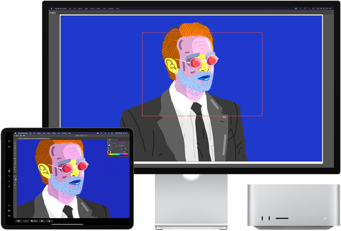 나란히 놓여 있는 Mac Studio와 iPad. Illustrator의 내비게이터 윈도우 내 아트워크를 표시하는 Mac Studio. 도구 막대에 둘러싸인 Illustrator 문서 윈도우의 동일한 아트워크를 표시하는 iPad.