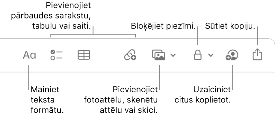 Lietotnes Notes rīkjosla, kur parādīti formatēšanas, pārbaudes sarakstu, tabulu, saišu, fotoattēlu/mediju, bloķēšanas, koplietošanas un kopiju sūtīšanas rīki.