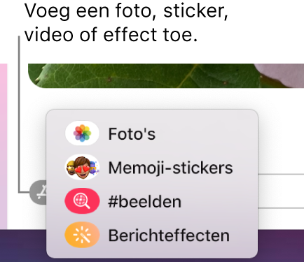 Het Apps-menu met opties voor het tonen van foto's, memoji-stickers, GIF's en berichteffecten.