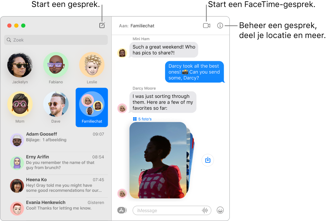 Een Berichten-venster waarin wordt aangegeven hoe je een gesprek en een FaceTime-gesprek start.