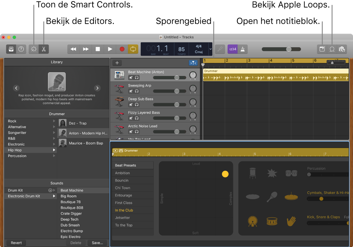 Een GarageBand-venster met daarin de knoppen voor toegang tot slimme besturingselementen, editors, notities en Apple Loops. Ook het gebied met tracks wordt weergegeven.