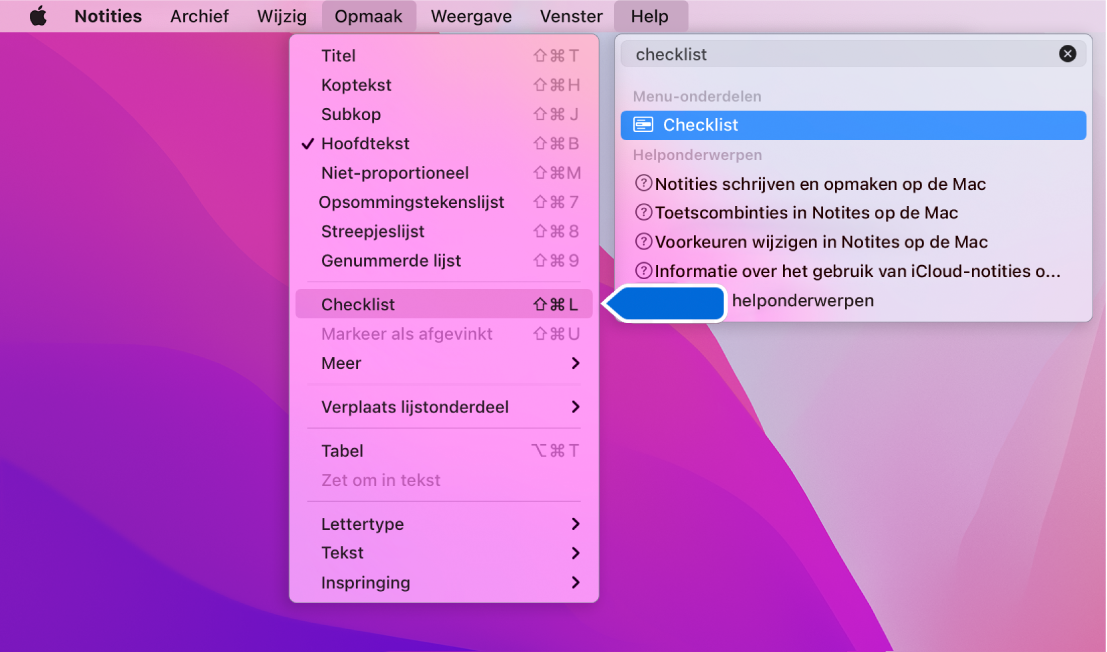 Het Help-menu met een zoekopdracht "checklist" met 'Checklist' gemarkeerd in het Opmaak-menu.