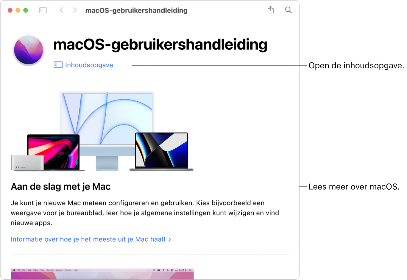 De welkomstpagina van de macOS-gebruikershandleiding met de link 'Inhoudsopgave'.