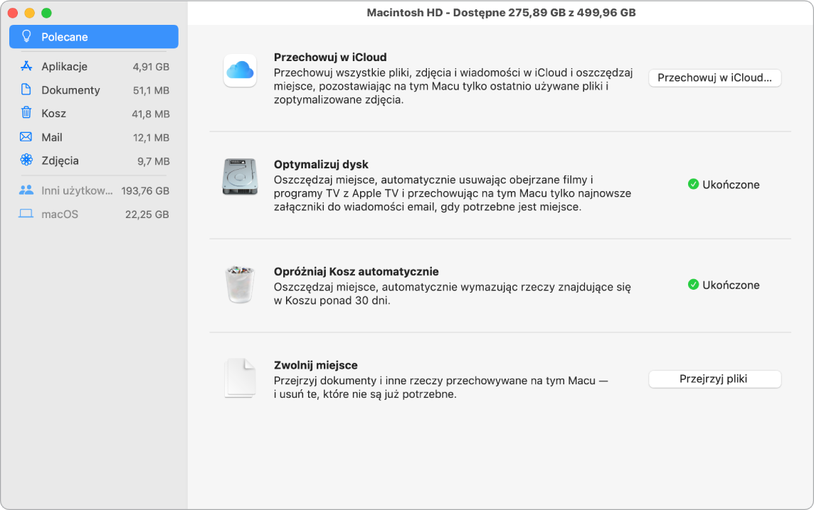 Polecane preferencje zarządzania pamięcią masową, wyświetlające opcje Przechowuj w iCloud, Optymalizuj dysk, Opróżniaj Kosz automatycznie oraz Zwolnij miejsce.