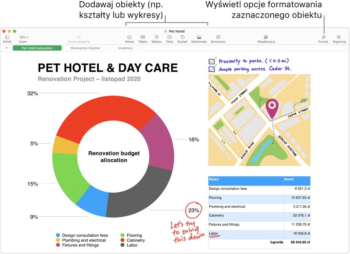 Okno aplikacji Numbers z paskiem narzędzi oraz narzędziami edycji (u góry), przyciskiem udostępniania (po prawej u góry) oraz przyciskami Format i Organizuj (po prawej). Widoczny jest pasek boczny Format z kartą Wykres.