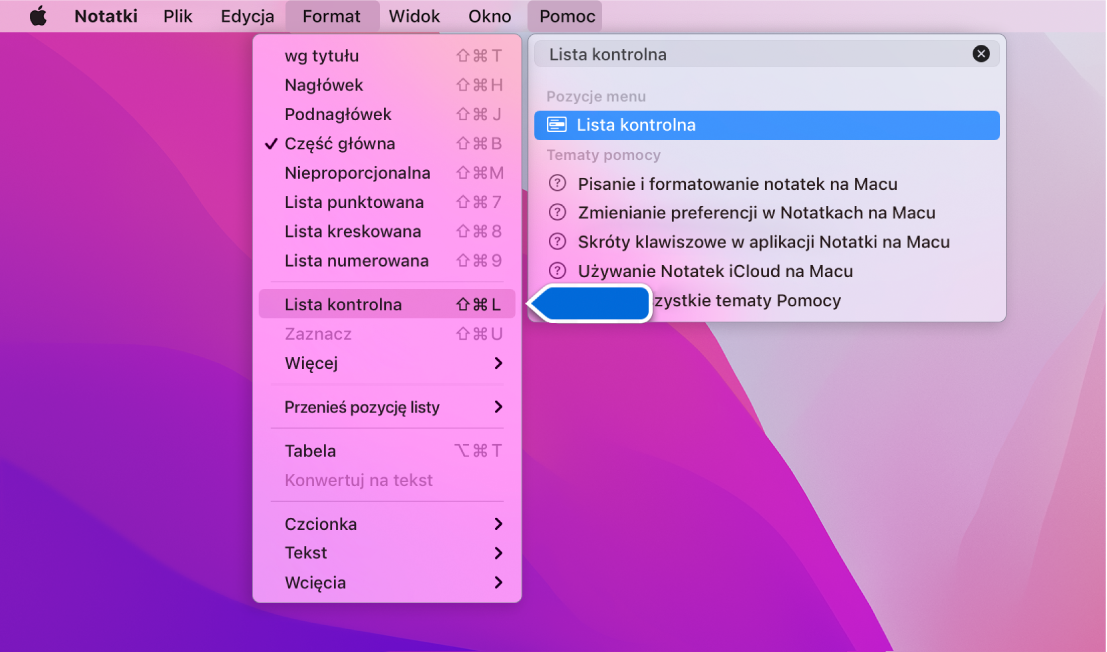 Menu pomocy pokazujące wyszukiwanie frazy „lista kontrolna” oraz wyróżnione polecenie Lista kontrolna w menu Format.