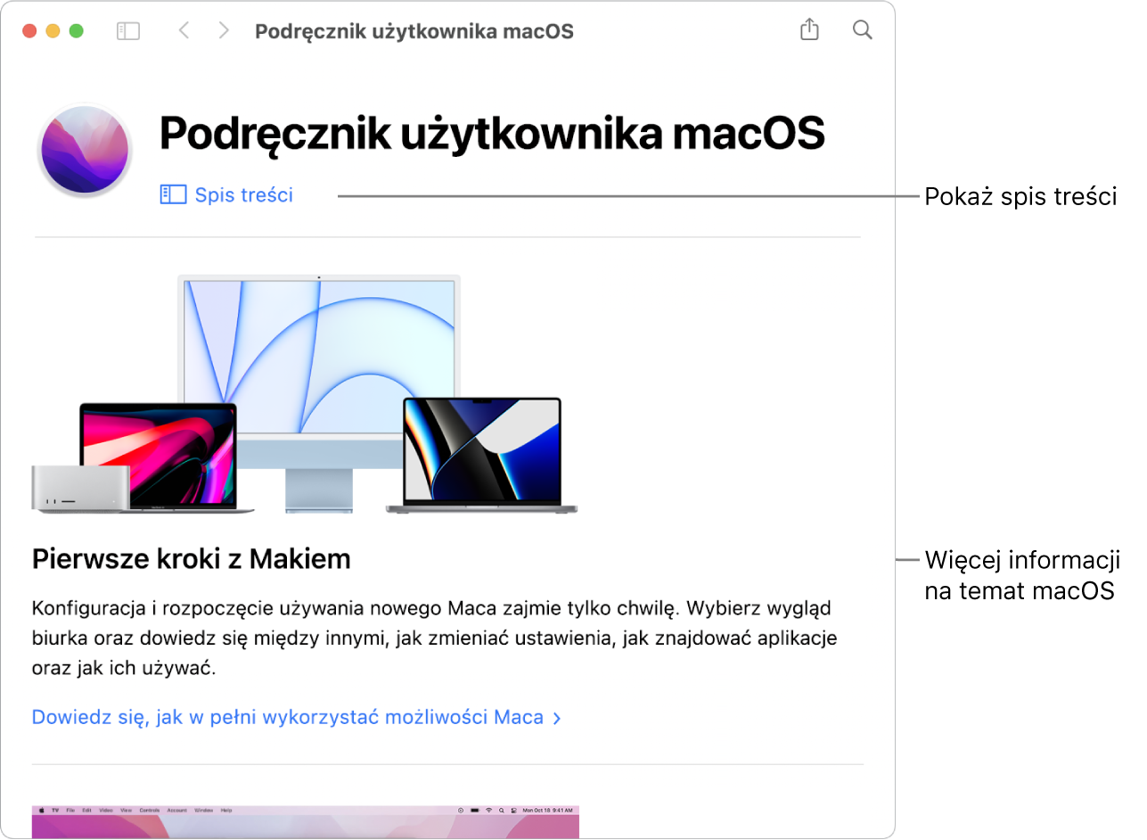 Strona powitalna Podręcznika użytkownika macOS oraz łącze do Spisu treści.