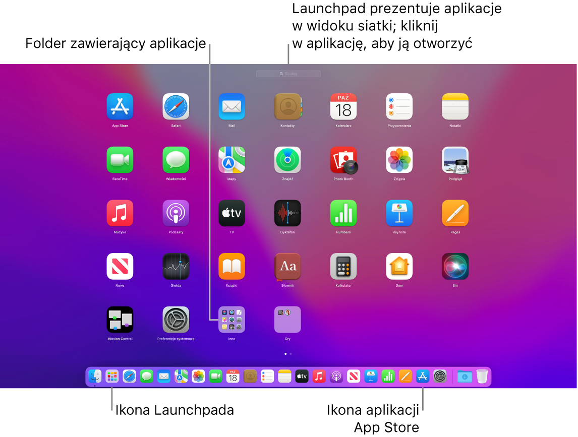 Ekran Maca z otwartym Launchpadem; folder aplikacji w Launchpadzie jest wyróżniony, a w Docku wyróżnione są również ikony Launchpada i App Store.