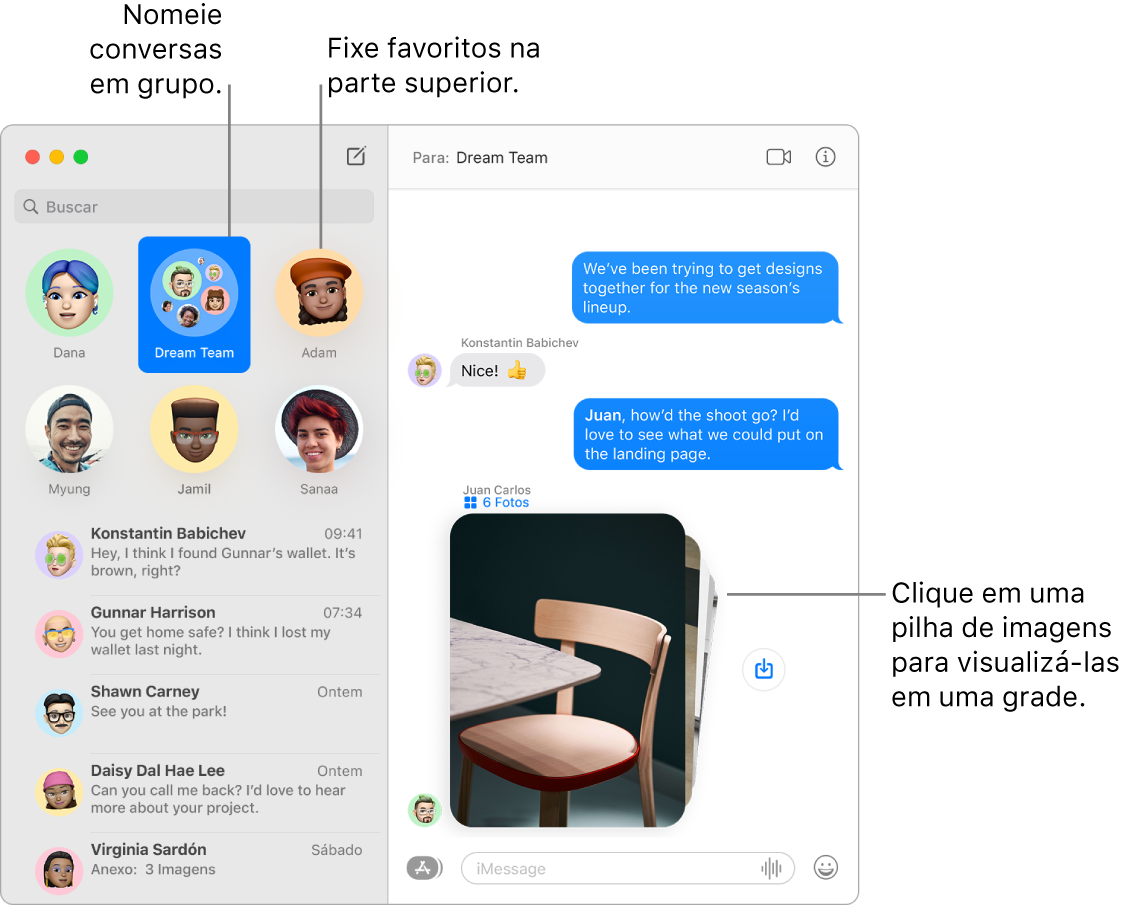 Janela do app Mensagens com um chat em grupo e chats individuais fixados na parte superior da coluna esquerda. No chat à direita, há uma pilha de seis fotos com um botão Salvar Foto ao lado.