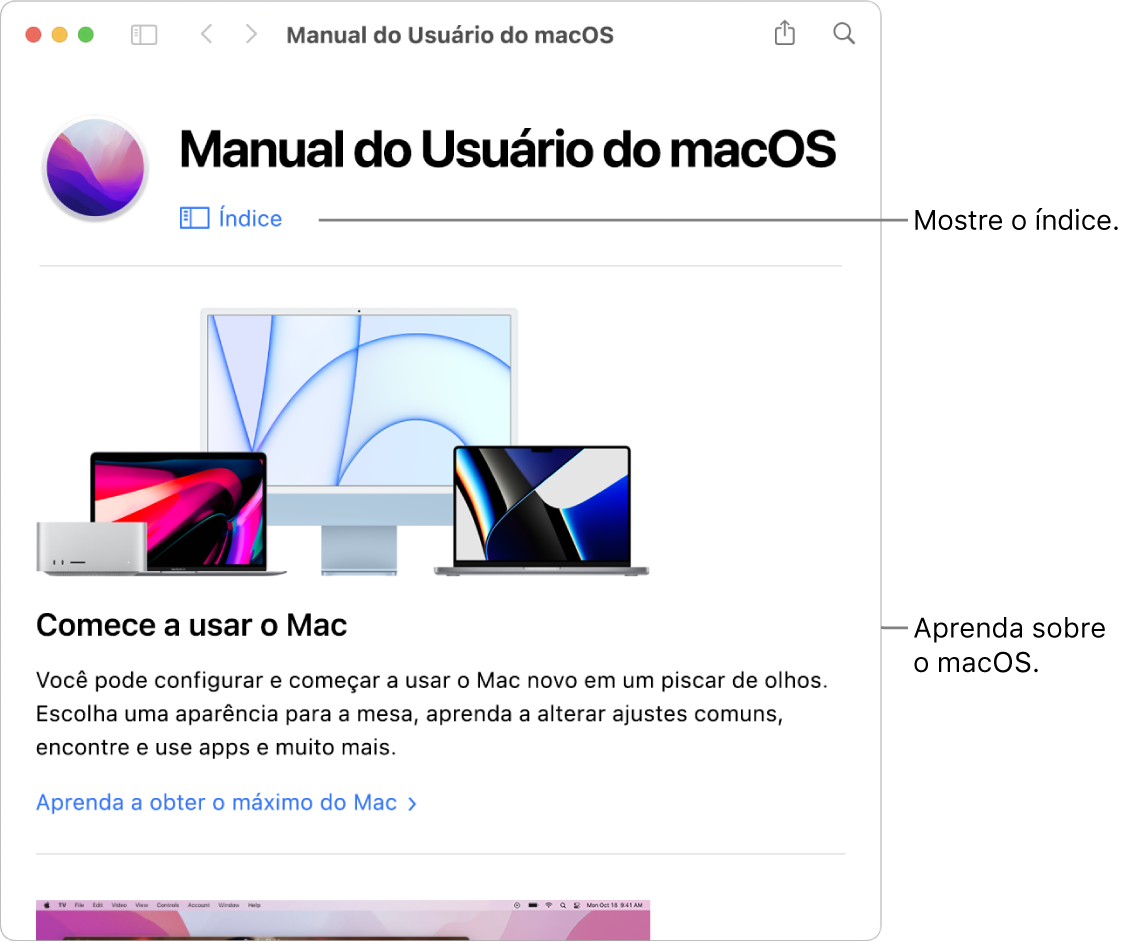 Página de boas-vindas do Manual do Usuário do macOS mostrando o link Índice.