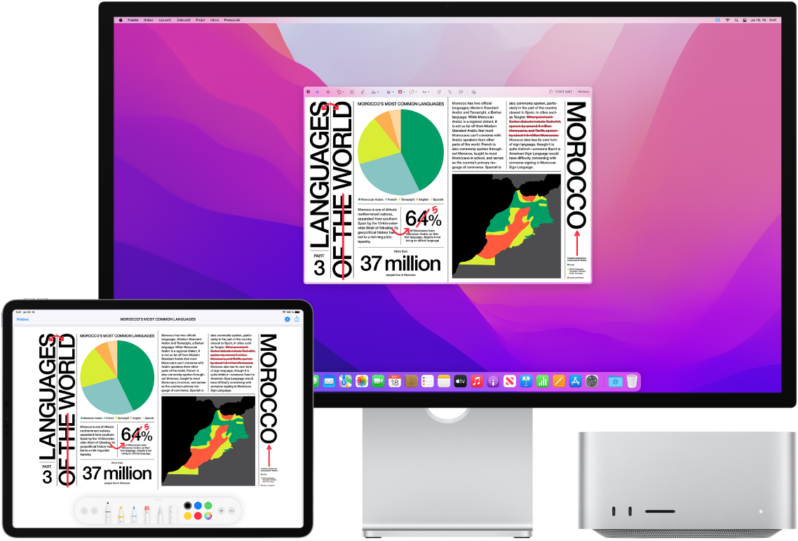 Mac Studio a iPad vedľa seba. Na oboch obrazovkách sa zobrazuje článok s červenými rukou písanými korektúrami, napríklad preškrtnutými vetami, šípkami a pridanými slovami. V dolnej časti obrazovky iPadu sa zobrazujú aj ovládacie prvky značiek.