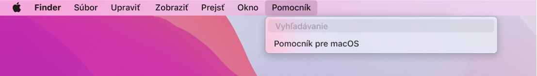 Časť plochy s otvoreným menu Pomocník zobrazujúca možnosti Vyhľadať a Pomocník pre macOS.