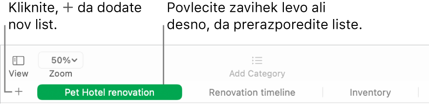 Okno aplikacije Numbers, v katerem je prikazano, kako dodati nov list in kako spremeniti vrstni red listov.