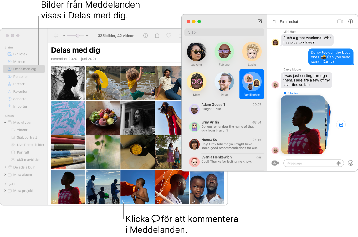 En Meddelanden-konversation till höger med en trave bilder och avsnittet Delas med dig i ett Bilder-fönster visar bilder som delas från appen Meddelanden.